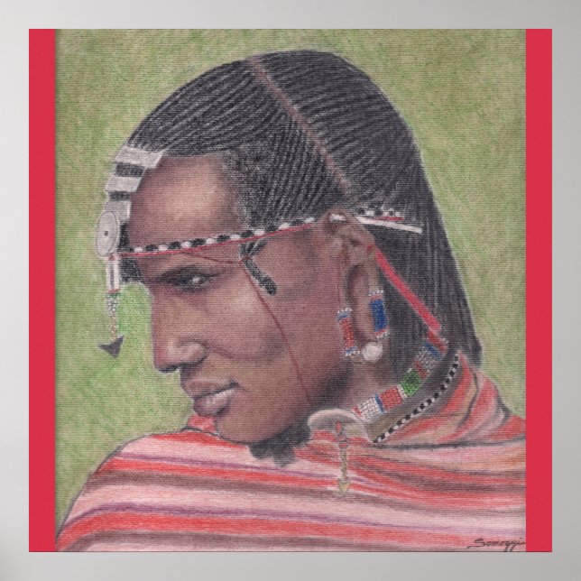 Poster, Original Art of African Maasai Warrior Poster (Front)