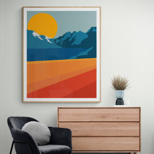 Póster Paisaje de montaña Retro Ilustracion Azul Rojo