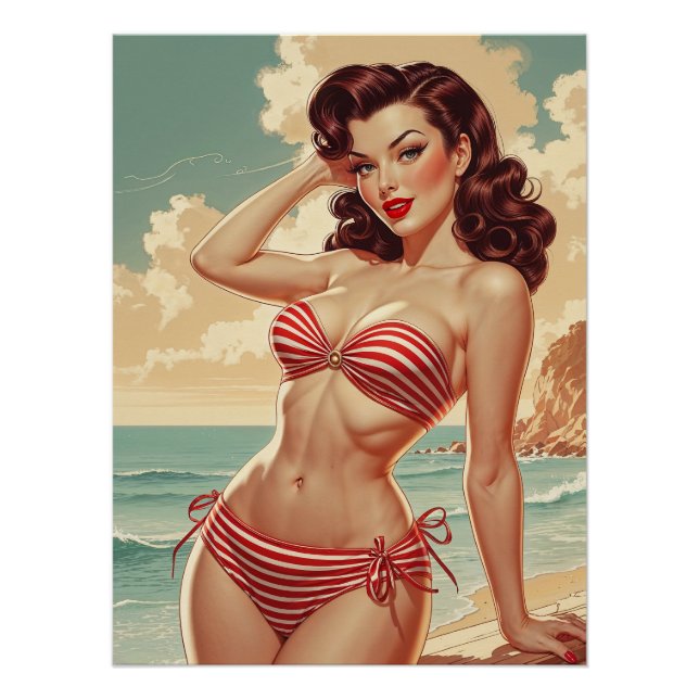 Poster Pin-Up Brown in Red and White Striped Bikin (Front)