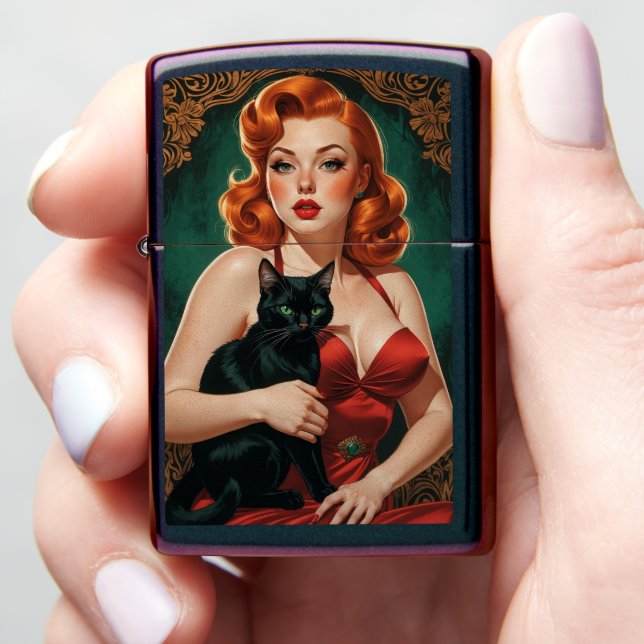 Poster Pin-up Rousse and Black Cat Zippo Lighter (In Hand)