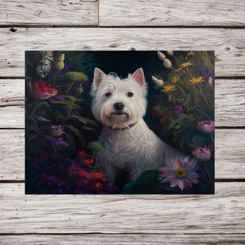 Poster Print of Westie Dog Surrounded by Florals