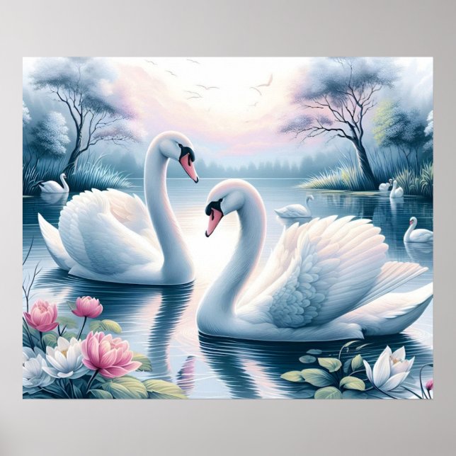 Poster Print - Swans in a Tranquil Waterlily Pond (Front)