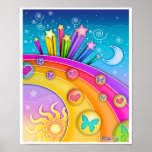 Poster, Prints - Retro Pop Art Sixties Sky<br><div class="desc">A bright and colorful sixties style retro pop art of a sky from morning until night with stars,  moon,  sun and a rainbow.</div>
