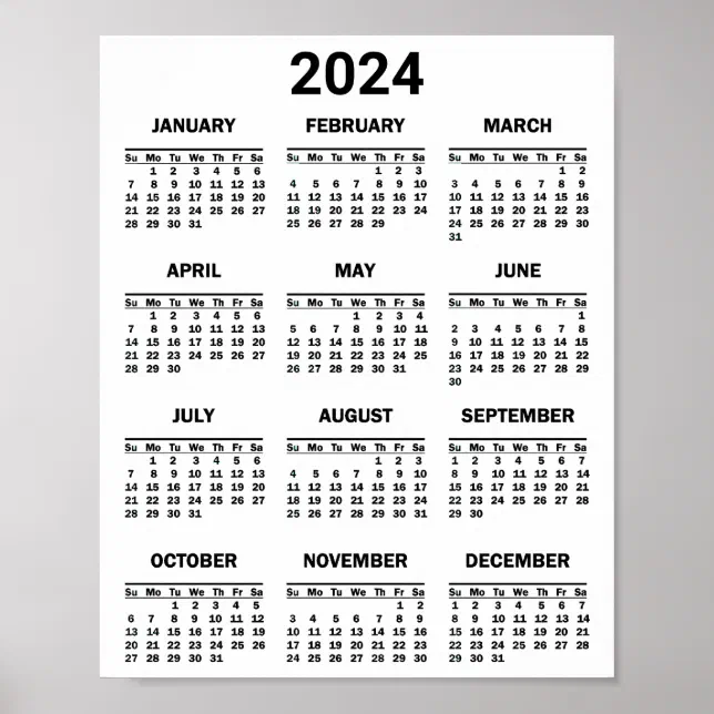 Póster Simple Black & White 2024 Year At Glance Calendar | Zazzle.com