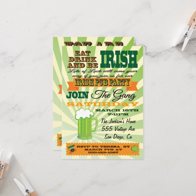 Poster Style St. Patrick's Day Party Pub Party Invitation (Front/Back In Situ)