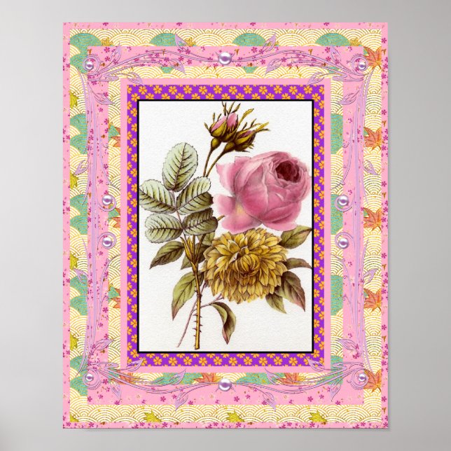 Poster Vintage Art Flowers Pink With Frame (Front)