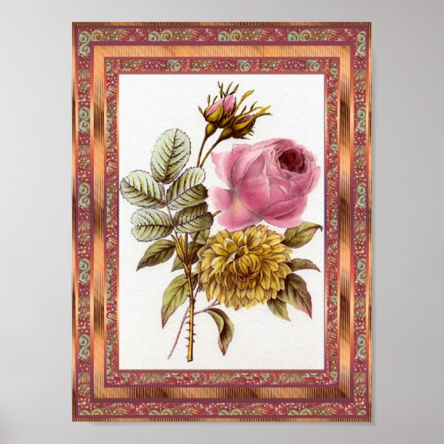 Poster Vintage Art Flowers Pink With Frame (Front)