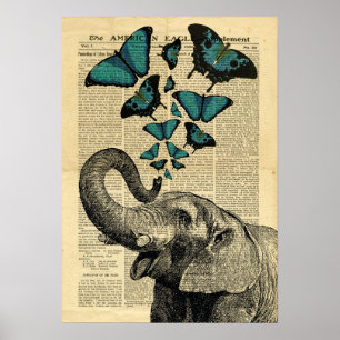 Poster Vintage Elephant Butterflies on newspaper