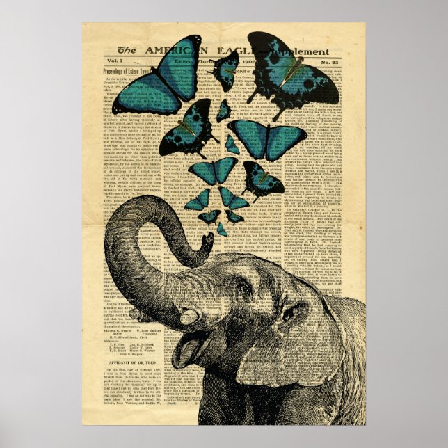 Poster Vintage Elephant Butterflies on newspaper (Front)