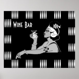 Poster Vintage Wine Art Deco Stripe Black White