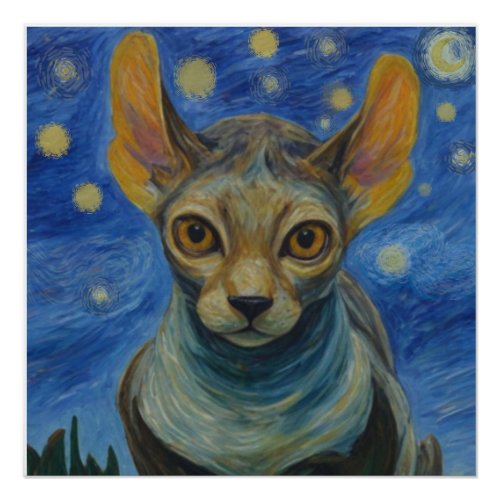 Poster Wall Art  Elf Sphinx Cat Art Starry Night 