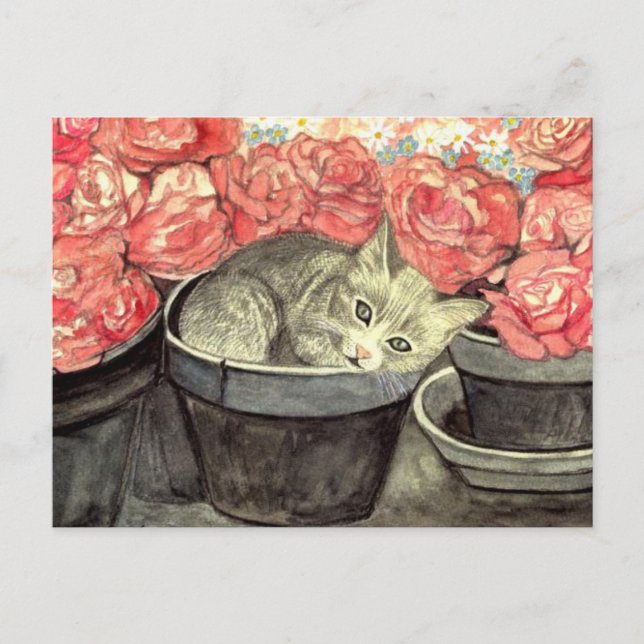 Postkarte Aquarell "Kätzchen im Blumentopf" Postcard (Front)