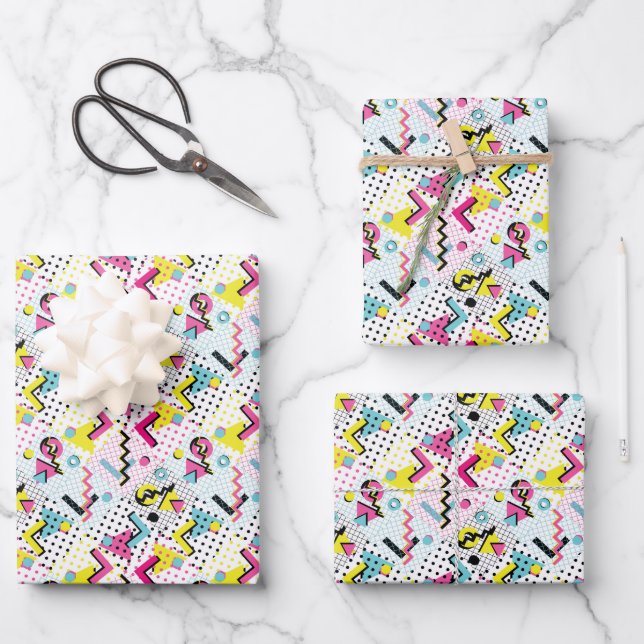 Postmodern Memphis Style Pattern Wrapping Paper Sheets (Front)