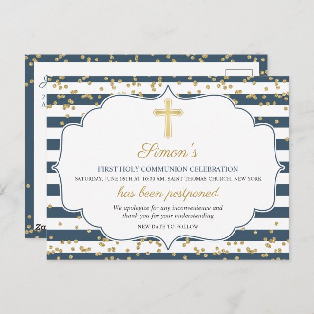 Postponed Announcement Gold Blue First Communion Postcard (Front/Back)