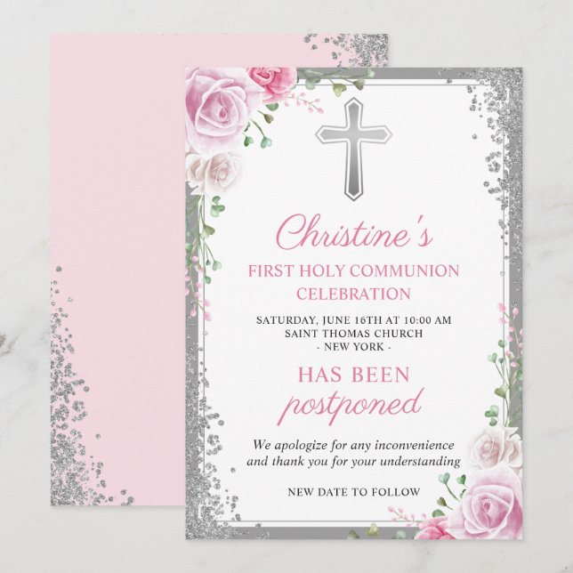 Postponed Announcement Pink Floral First Communion (Front/Back)