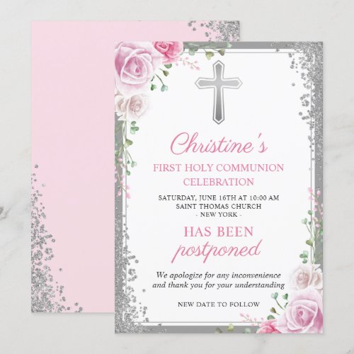 Postponed Announcement Pink Floral First Communion