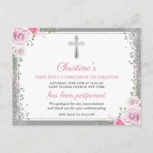 Postponed Announcement Pink Floral First Communion Postcard