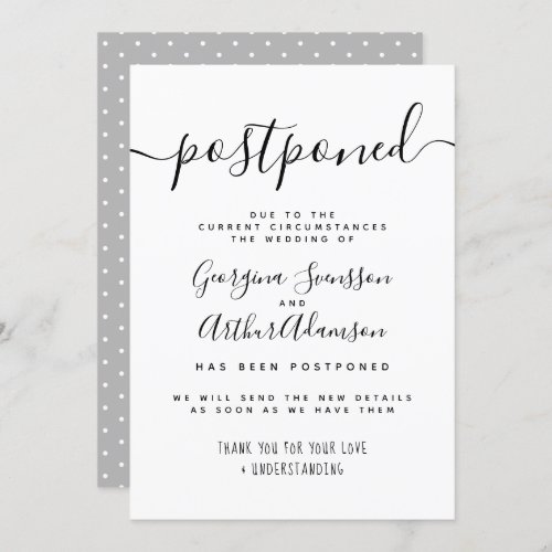 Postponed Black  White Script Wedding Change Invitation