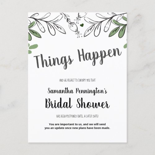 Postponed Bridal Shower whimsical vines and flower Invitation Postcard
