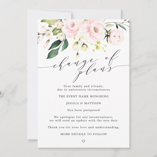 Postponed Change of Plans Blush Floral Wedding Announcement (Front)