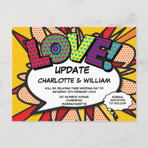 Postponed Change The Date Comic Book LOVE  Announcement Postcard