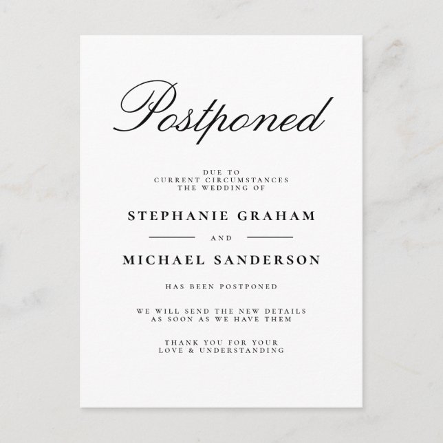 Postponed Elegant Script Wedding Announcement (Front)