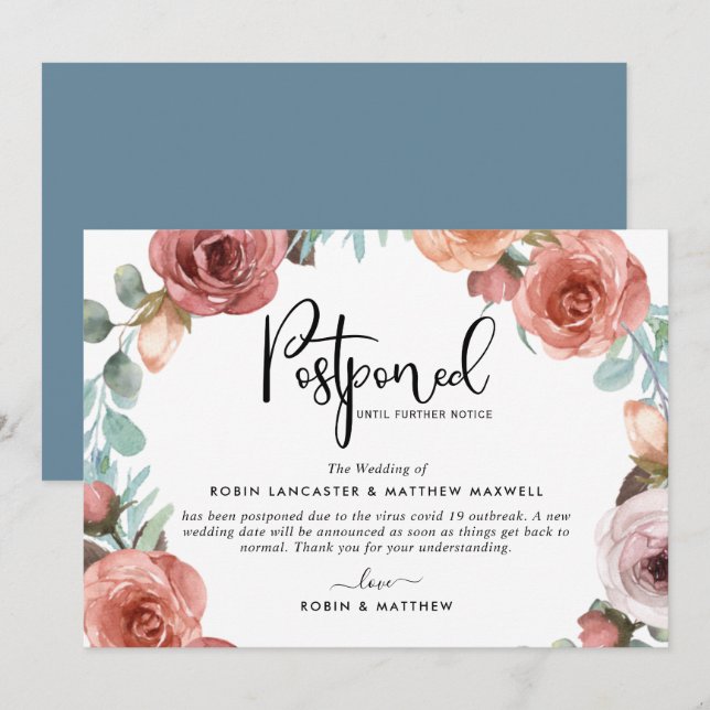 Postponed Event Announcement Dusty Blue Peach Card (Front/Back)