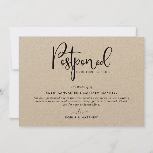 Postponed Event Announcement Rustic Kraft Card