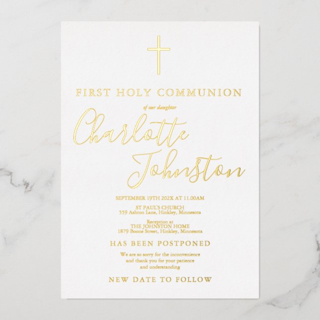Postponed First Holy Communion Gold Foil Invitation (Front)