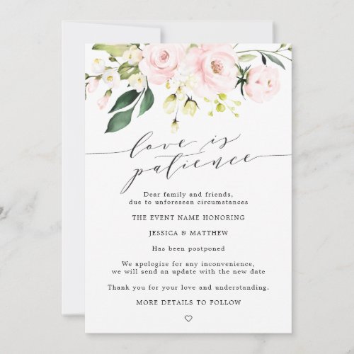 Postponed Love is Patience Blush Floral Wedding Announcement