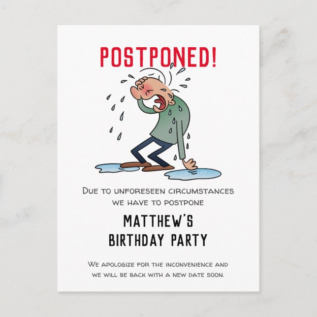 Postponed Party Cancellation Cartoon Humor Postcard (Front)