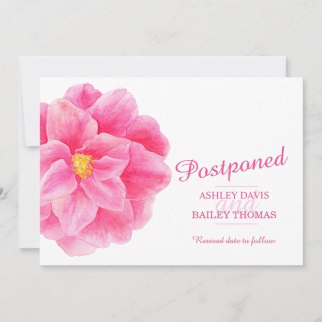 Postponed pink camellia wedding cancellation announcement (Front)