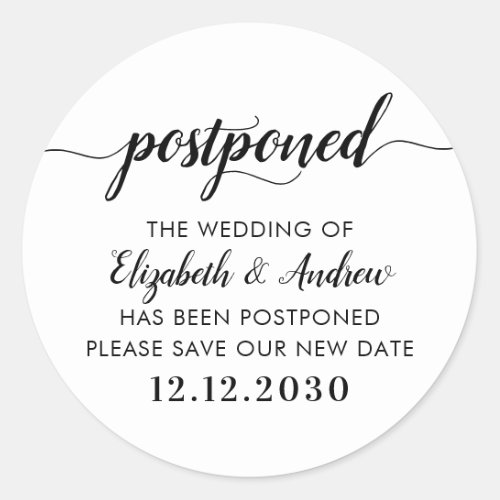 Postponed Save our New Date Postponement Wedding Classic Round Sticker