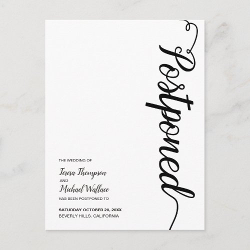 Postponed Script Simple Modern Wedding Postcard