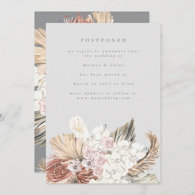 Postponed Ultimate Gray Bohemian Pampas Save The Date (Front/Back)