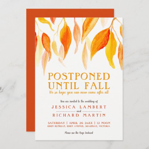 Postponed until fall orange leaves wedding invitation