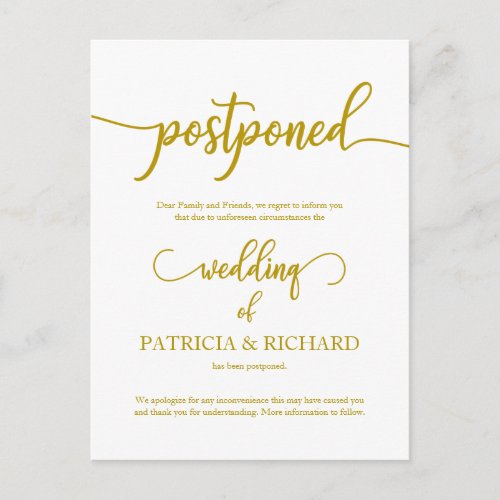 Postponed Wedding Announcement Elegant Gold Postcard