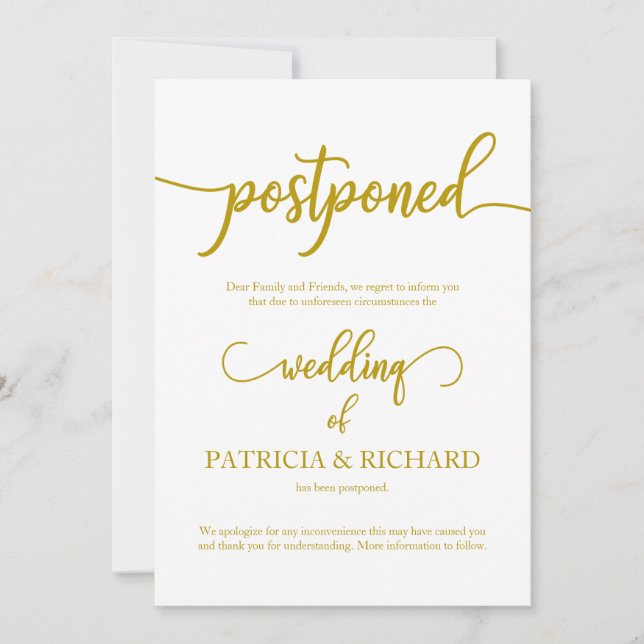 Postponed Wedding Announcement Elegant Gold Script (Front)