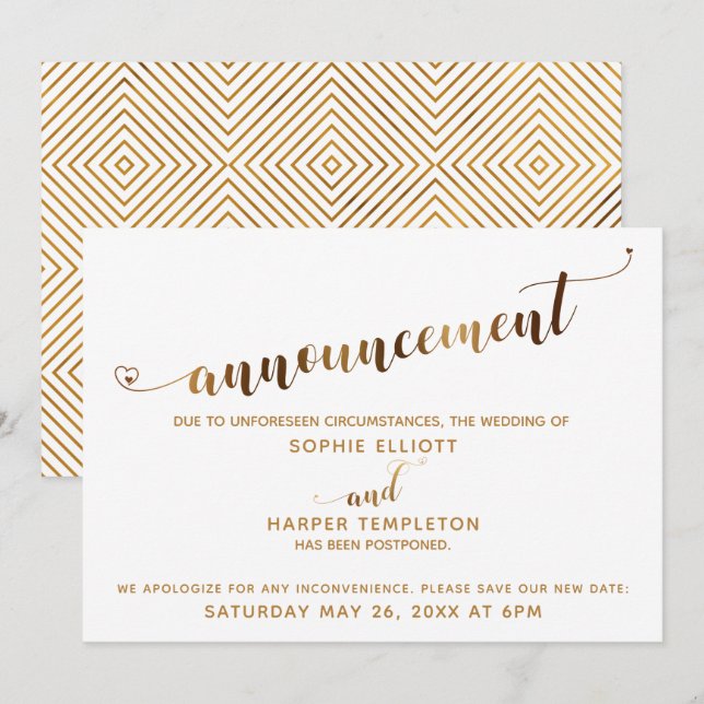 Postponed Wedding Announcement Gold Hearts Script (Front/Back)