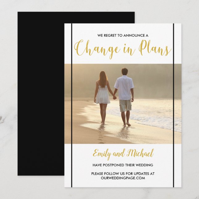 Postponed Wedding Black & Gold Photo Announcement (Front/Back)
