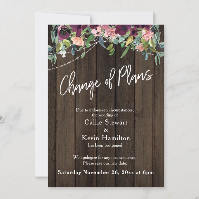 Postponed Wedding Change of Plans Floral Wood Card (Front)