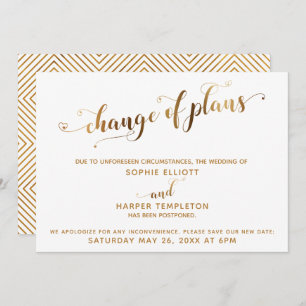 Postponed Wedding Change of Plans Gold & Hearts Invitation