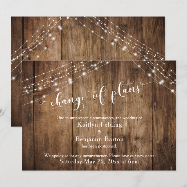 Postponed Wedding Change of Plans Wood & Lights Invitation (Front/Back)