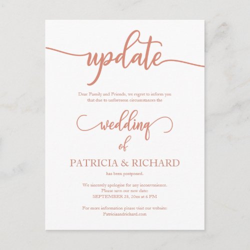 Postponed Wedding Date Update Elegant Rose Gold Postcard