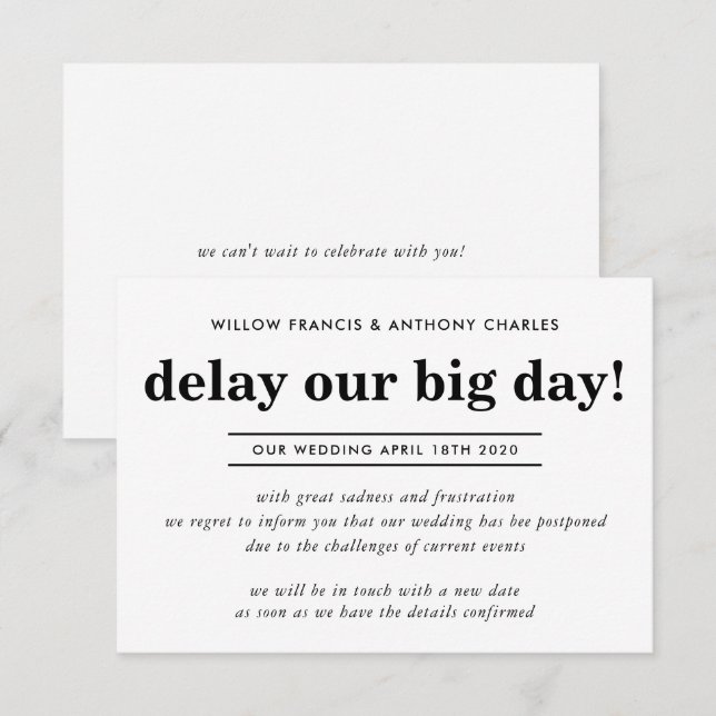 POSTPONED WEDDING delay our big day simple info Invitation (Front/Back)