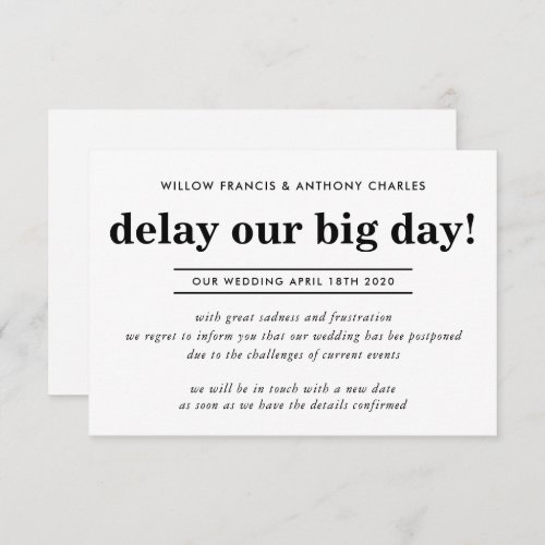 POSTPONED WEDDING delay our big day simple info Invitation