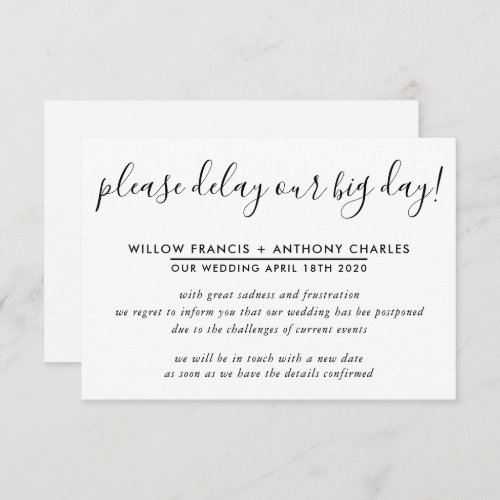 POSTPONED WEDDING delay our big day simple info Invitation