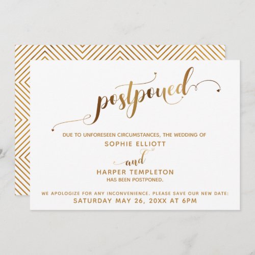 Postponed Wedding Details Gold Hearts Calligraphy Invitation