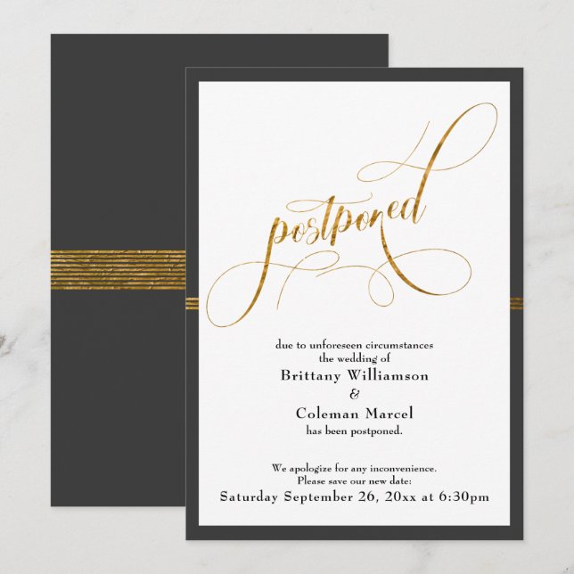 Postponed Wedding Elegant Gray & Gold Stripe Card (Front/Back)
