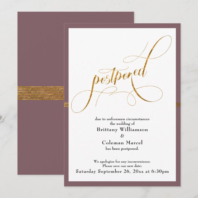 Postponed Wedding Elegant Mauve & Gold Stripe Card (Front/Back)
